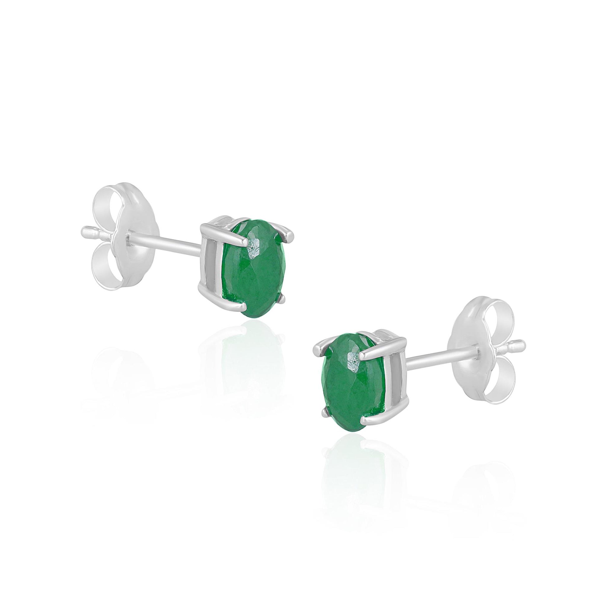 14K White Gold Oval Emerald Stud Earrings