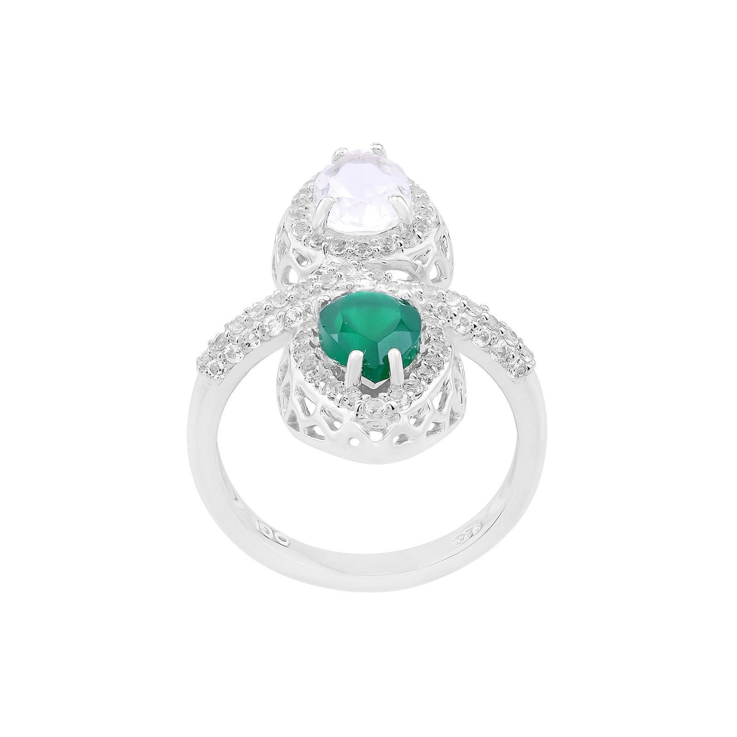 Sterling Silver Green Onyx Crystal and White Topaz Double-Pear Ring, Sizes 5 to 11.5