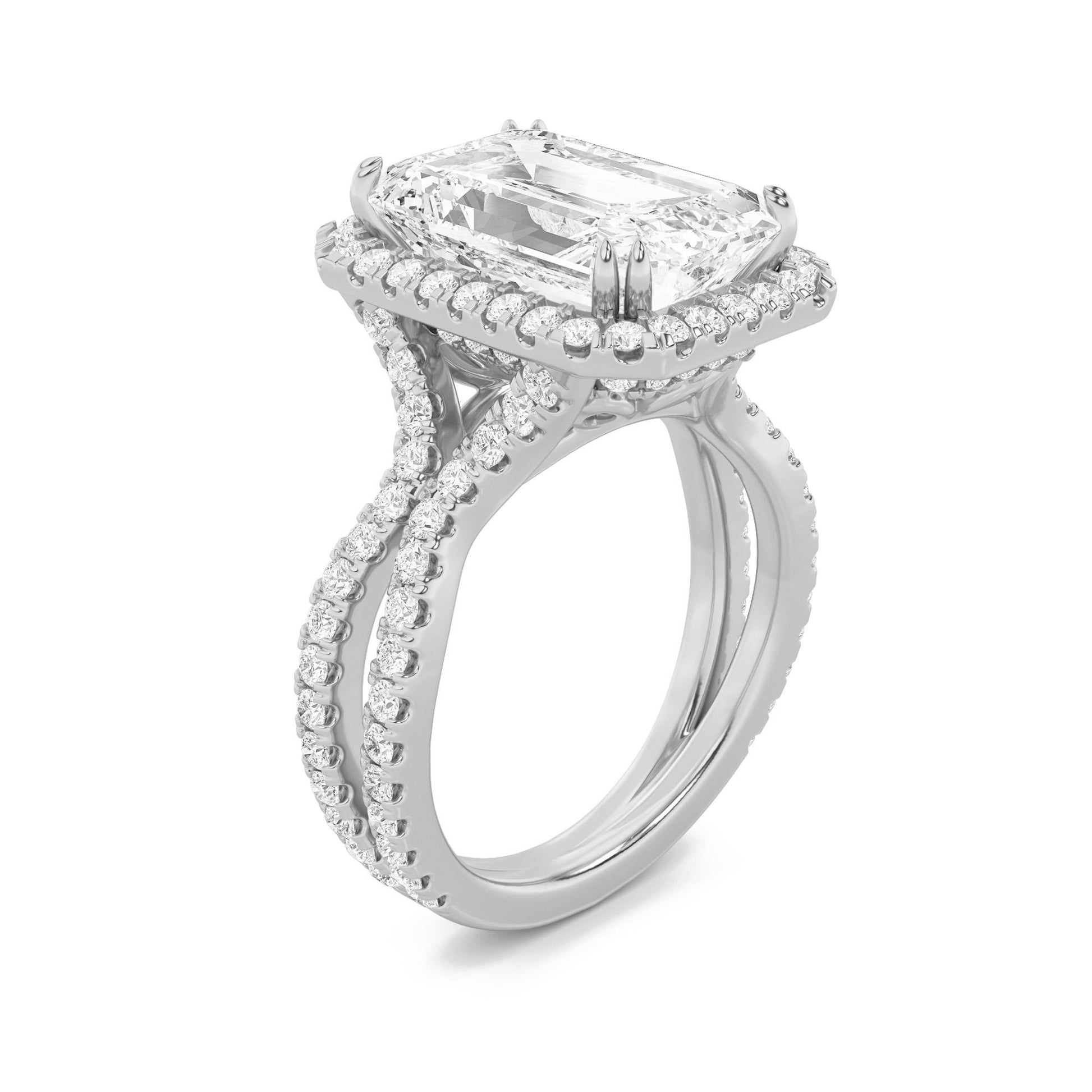 14K White Gold Lab Grown Diamond 8.0 CTTW Emerald Cut Halo Ring