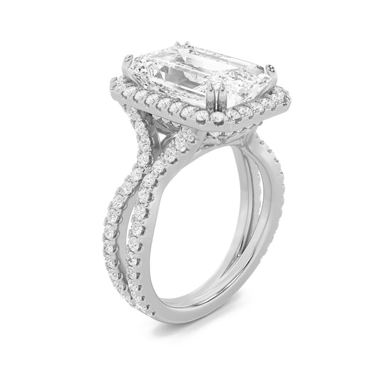 14K White Gold Lab Grown Diamond 8.0 CTTW Emerald Cut Halo Ring