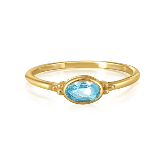 East-West 14k Gold over Sterling Silver Swiss Blue Topaz Gemstone Stackable Solitaire Bezel Ring