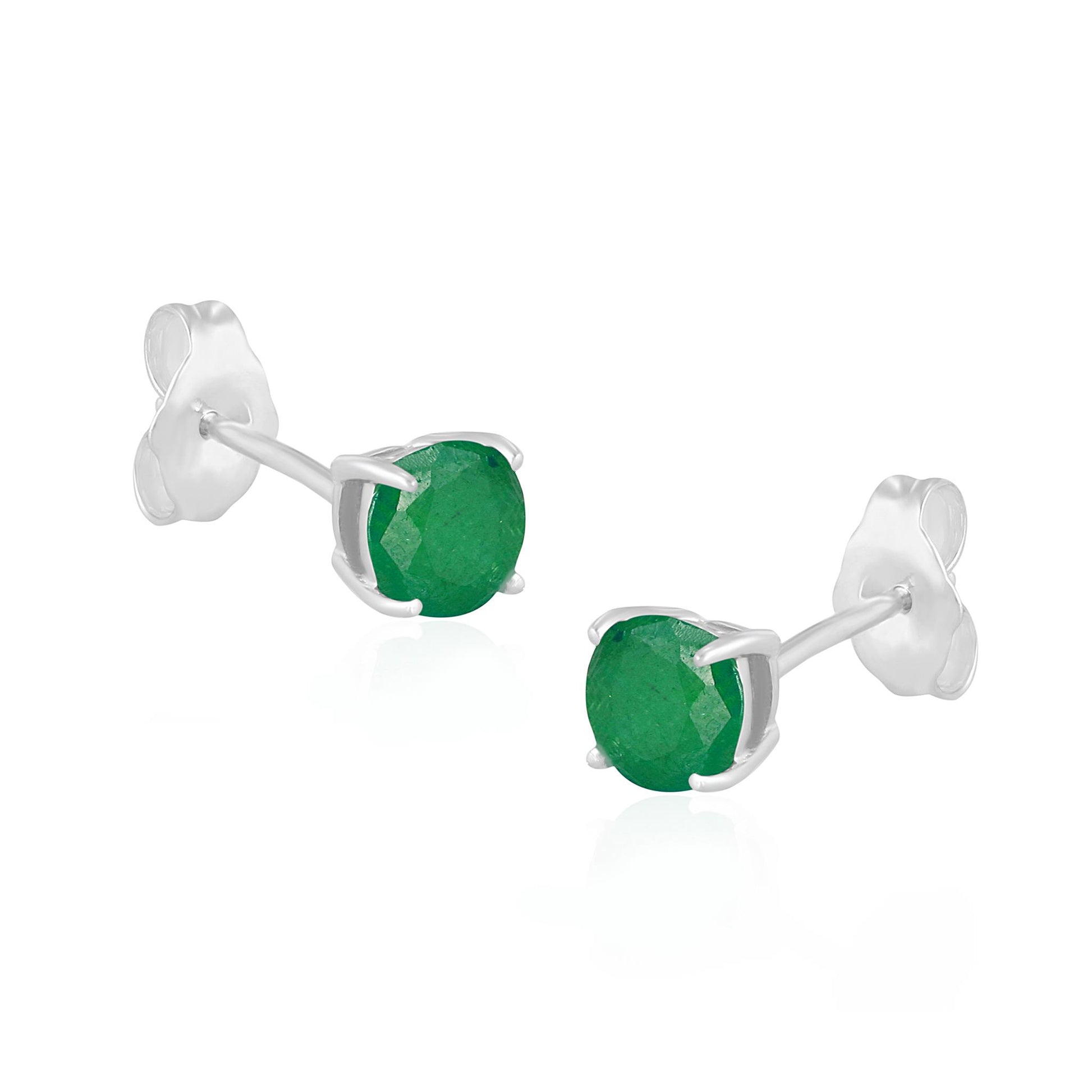 14K White Gold Round Emerald Stud Earrings