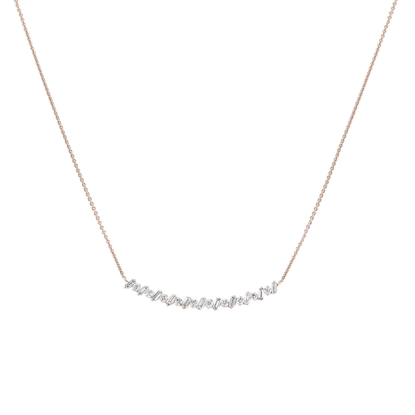 GEMISTRY Women 14K Rose Gold 0.47Ct Round and Baguette Diamond Curve Bar Necklace (GH Color, SI1 Clarity), 18 inch