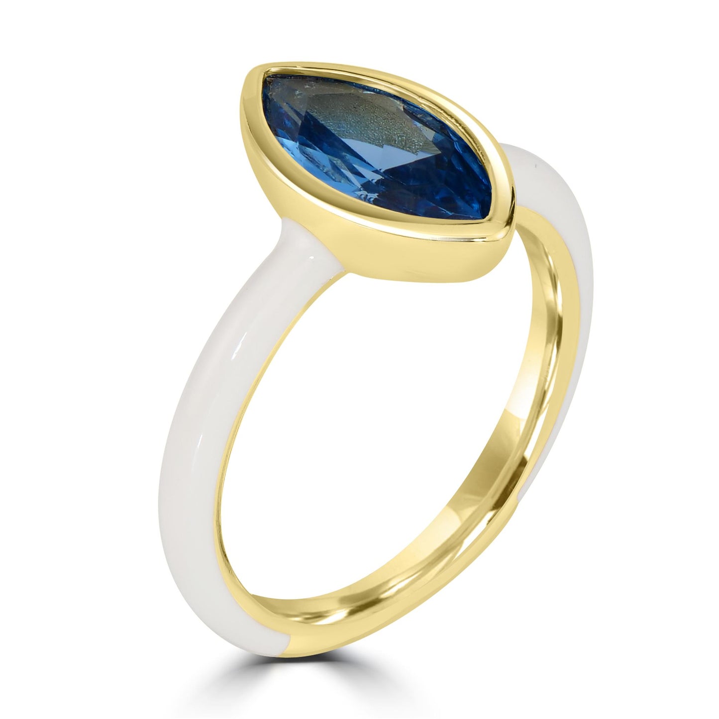 Bob Mackie Gold Over Brass White Enamel Marquise Cut London Blue Cubic Zirconia Ring, Sizes 6 to 8