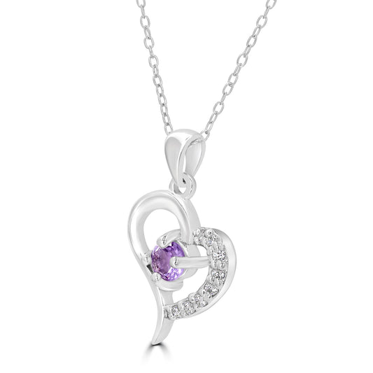 Sterling Silver Amethyst and Cubic Zirconia Heart Design Cable Pendant Necklace, 18 Inches