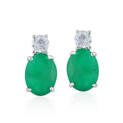 14K White Gold Oval Emerald and White Topaz Stud Earrings