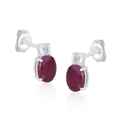 14K White Gold Oval Ruby and White Topaz Stud Earrings