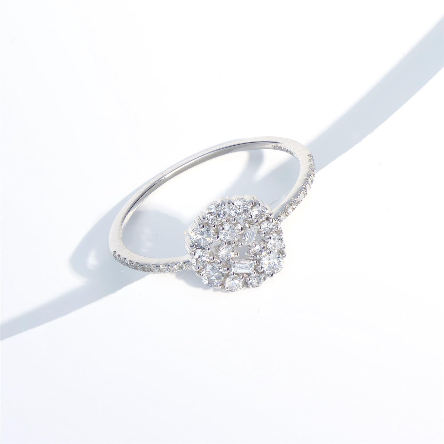 14K White Gold Round and Baguette Diamond Cluster Ring, .4 Carats, Sizes 6 to 8