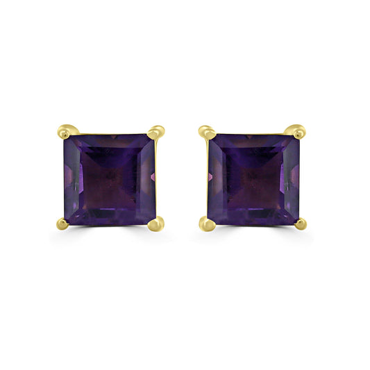 Gemistry Classic Womens or Girls 14K Yellow Gold Genuine Amethyst Square Shaped Stud Earring February Birthstone Jewelry Gift for Her Birthday| Wedding | Anniversary