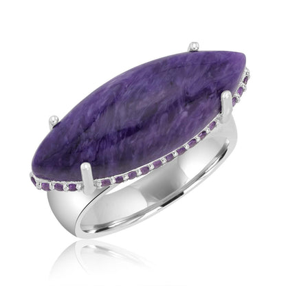 Sterling Silver Charoite and Amethyst Marquise Halo Ring, Sizes 5 to 8