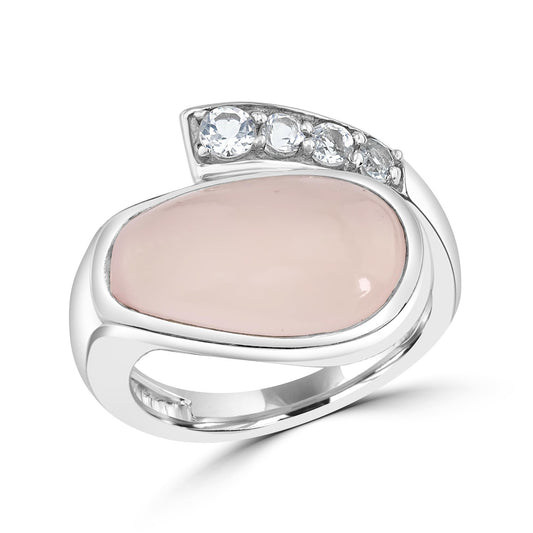 Fancy Rose Calcite Cabochon & White Topaz Bypass Women Ring in Sterling Silver