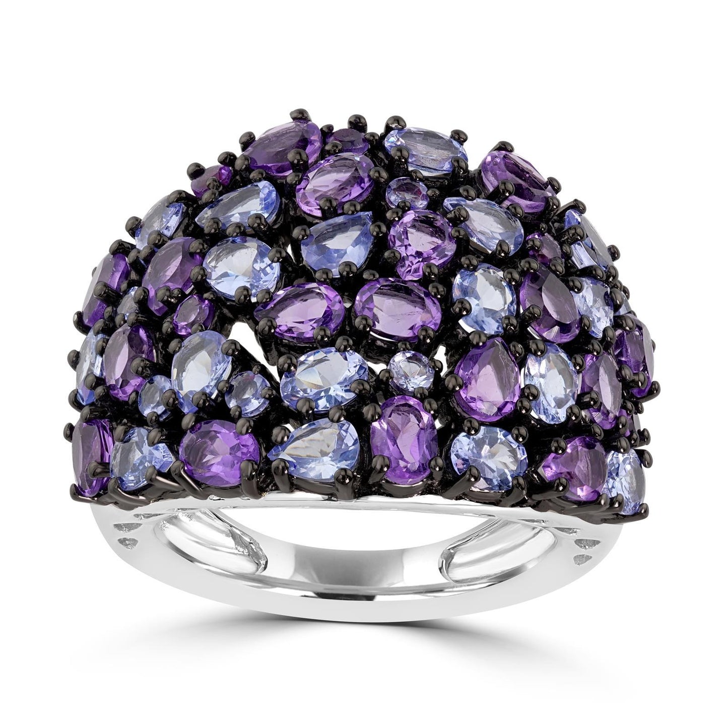 Sterling Silver Oval & Round Tanzanite & Amethyst Gemstone Women's Ring (6.11 Ct)