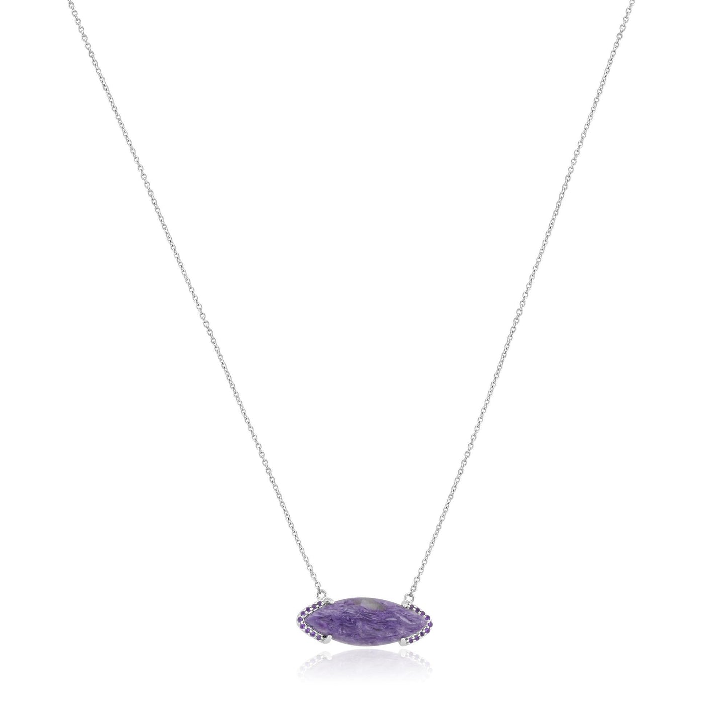 Gemistry Women & Girls Sterling Silver Bold Marquise Charoite Bar Pendant Necklace | Birthstone Jewelry Gift for Her Birthday | Wedding | Anniversary