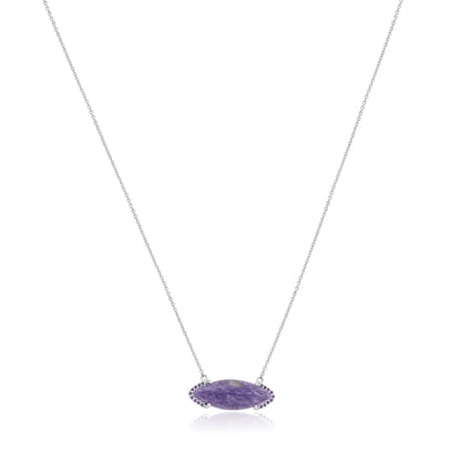 Gemistry Women & Girls Sterling Silver Bold Marquise Charoite Bar Pendant Necklace | Birthstone Jewelry Gift for Her Birthday | Wedding | Anniversary