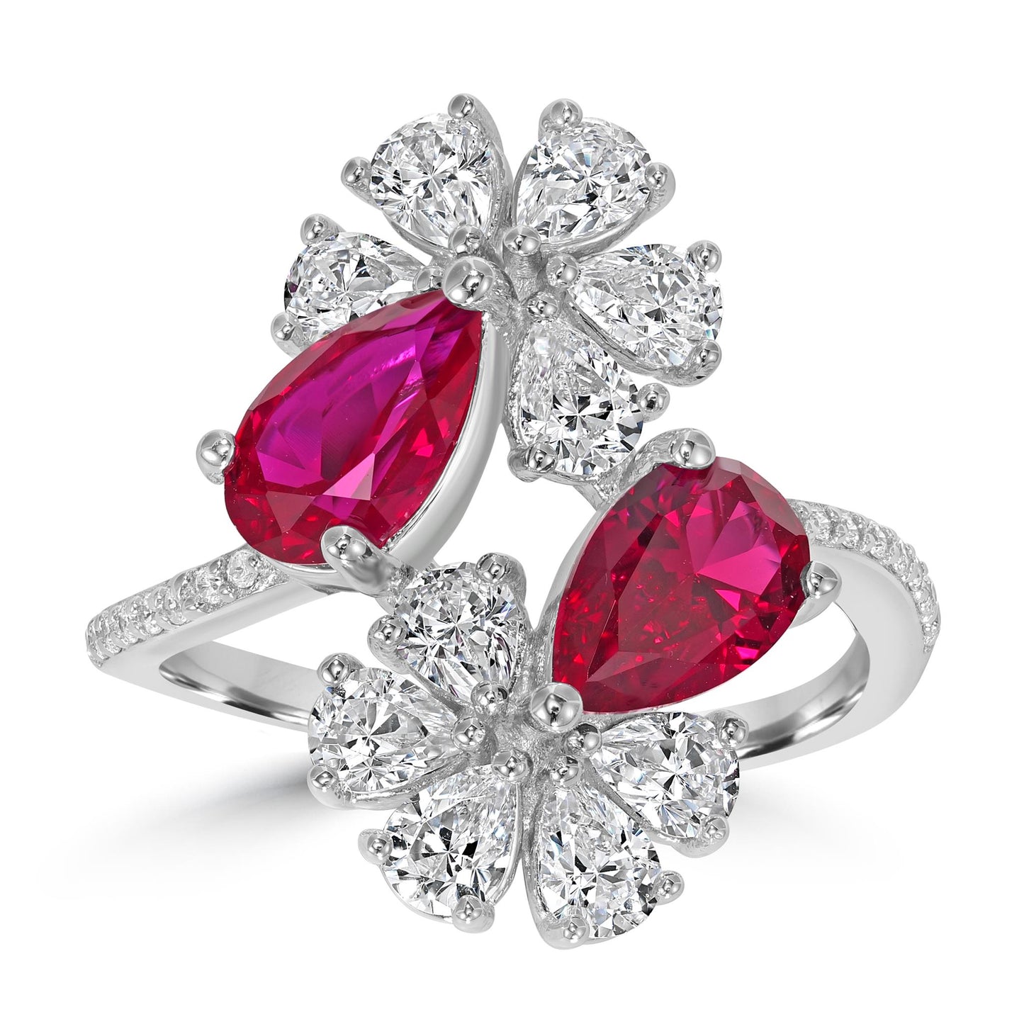 Kathy Levine Sterling Silver White and Ruby Cubic Zirconia Double Flower Pear and Round Bypass Ring