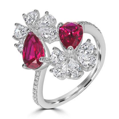 Kathy Levine Sterling Silver White and Ruby Cubic Zirconia Double Flower Pear and Round Bypass Ring