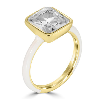 Bob Mackie Gold Over Brass White Enamel Rectangular Cut White Cubic Zirconia Ring, Sizes 6 to 8