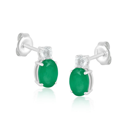 14K White Gold Oval Emerald and White Topaz Stud Earrings