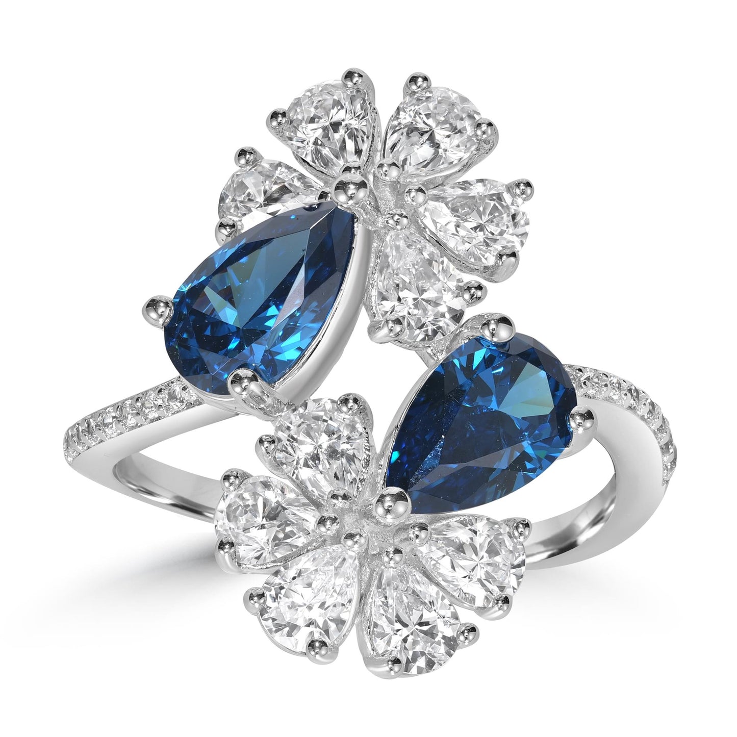 Kathy Levine Sterling Silver White and Sapphire Cubic Zirconia Double Flower Pear and Round Bypass Ring