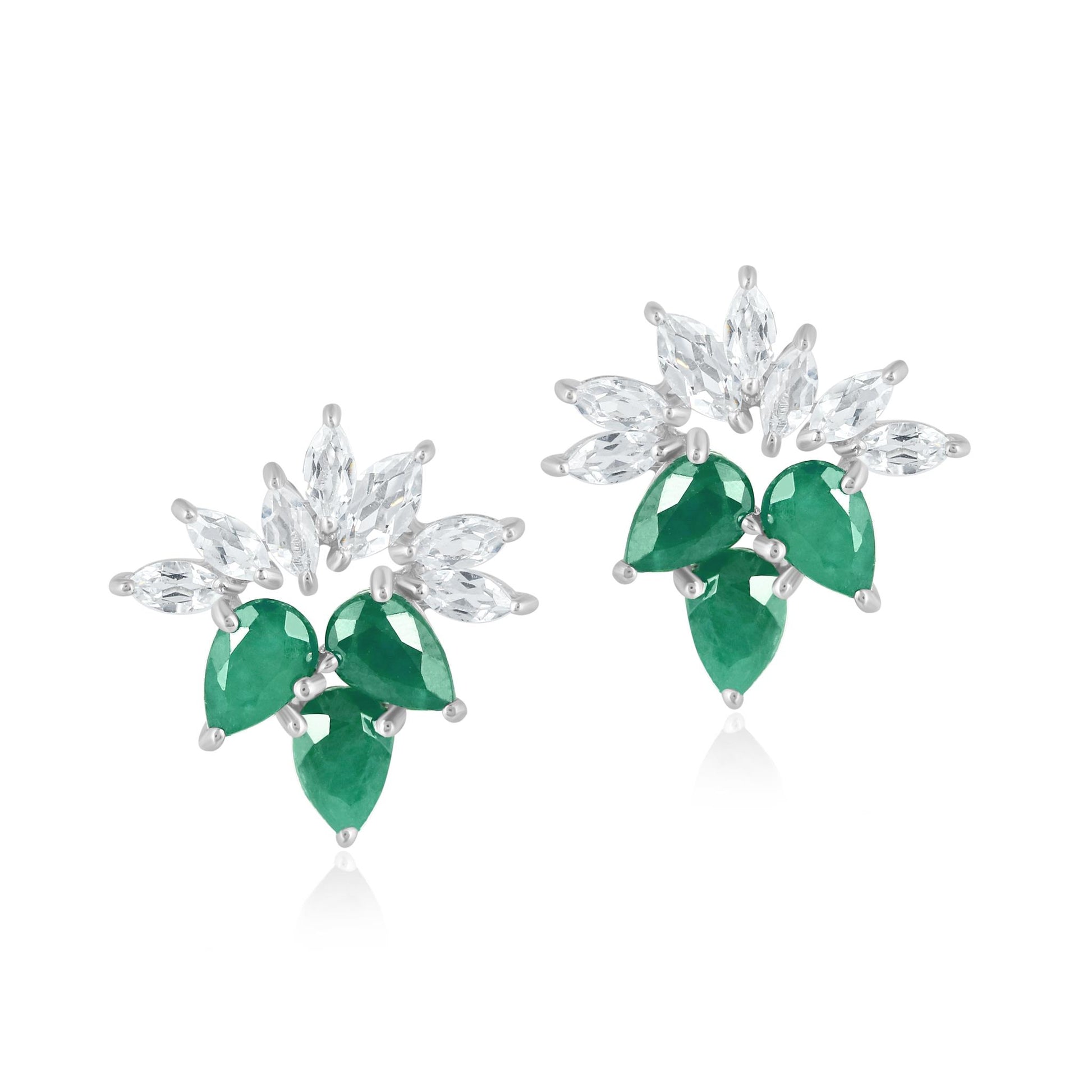 14K White Gold Emerald and White Topaz Stud Earrings