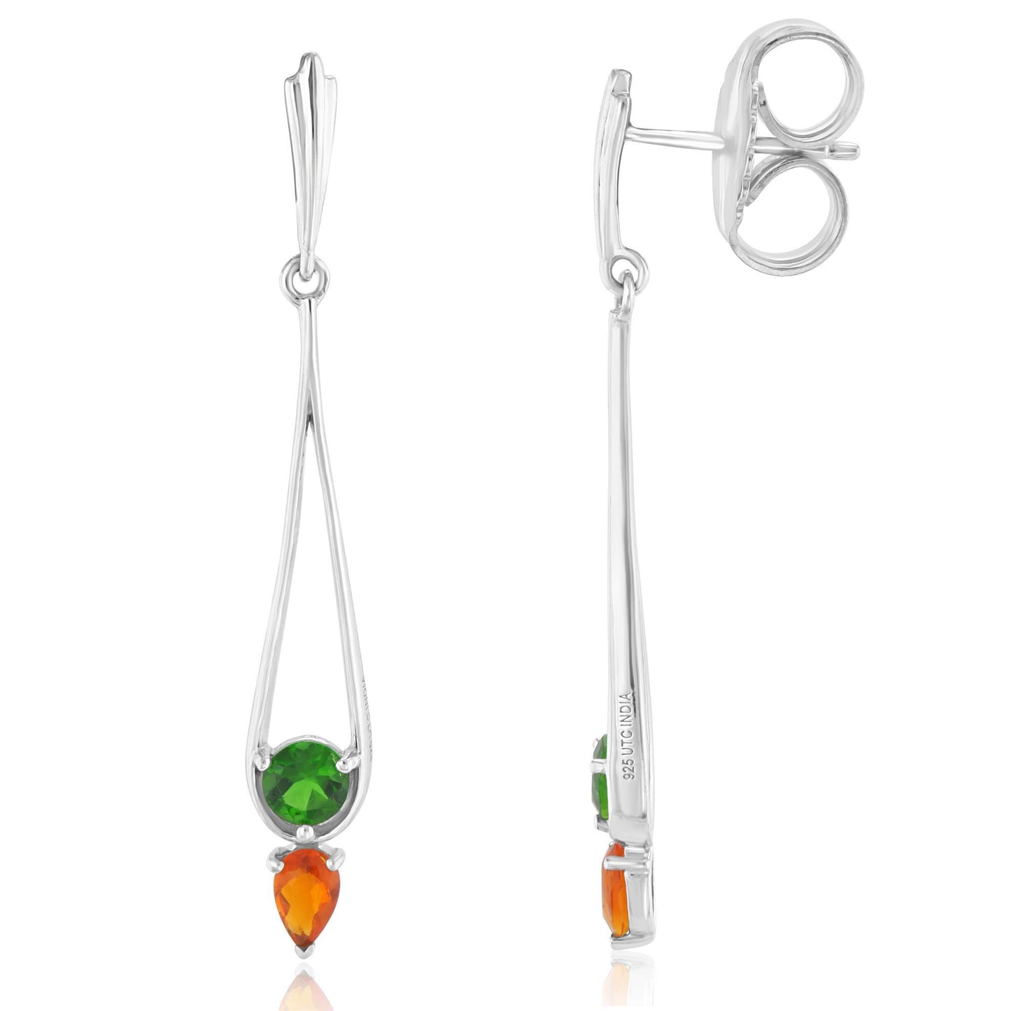 Gemistry "GG Collection" Chrome Diopside and Fire Opal Linear Drop Earrings in 925 Sterling Silver