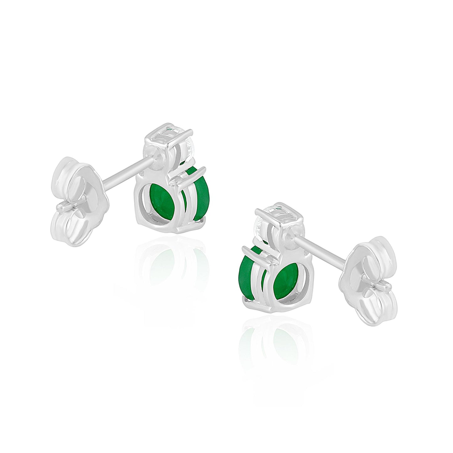 14K White Gold Round Emerald and White Topaz Stud Earrings