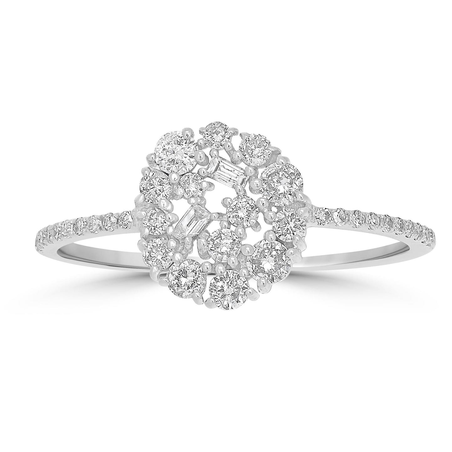 14K White Gold Round and Baguette Diamond Cluster Ring, .4 Carats, Sizes 6 to 8