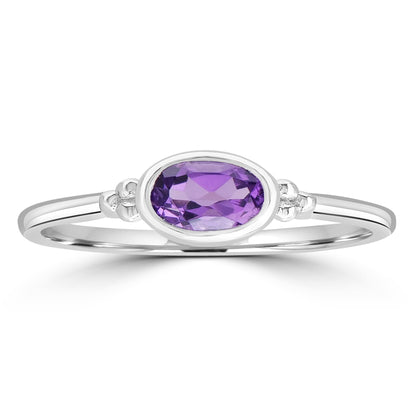 East-West Sterling Silver Amethyst Gemstone Stackable Solitaire Bezel Ring, Sizes 6 to 8