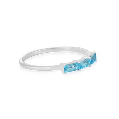 Heidi Sterling Silver Sky Blue Topaz Gemstone Stackable 3-Stone Baguette Ring, Sizes 6 to 8