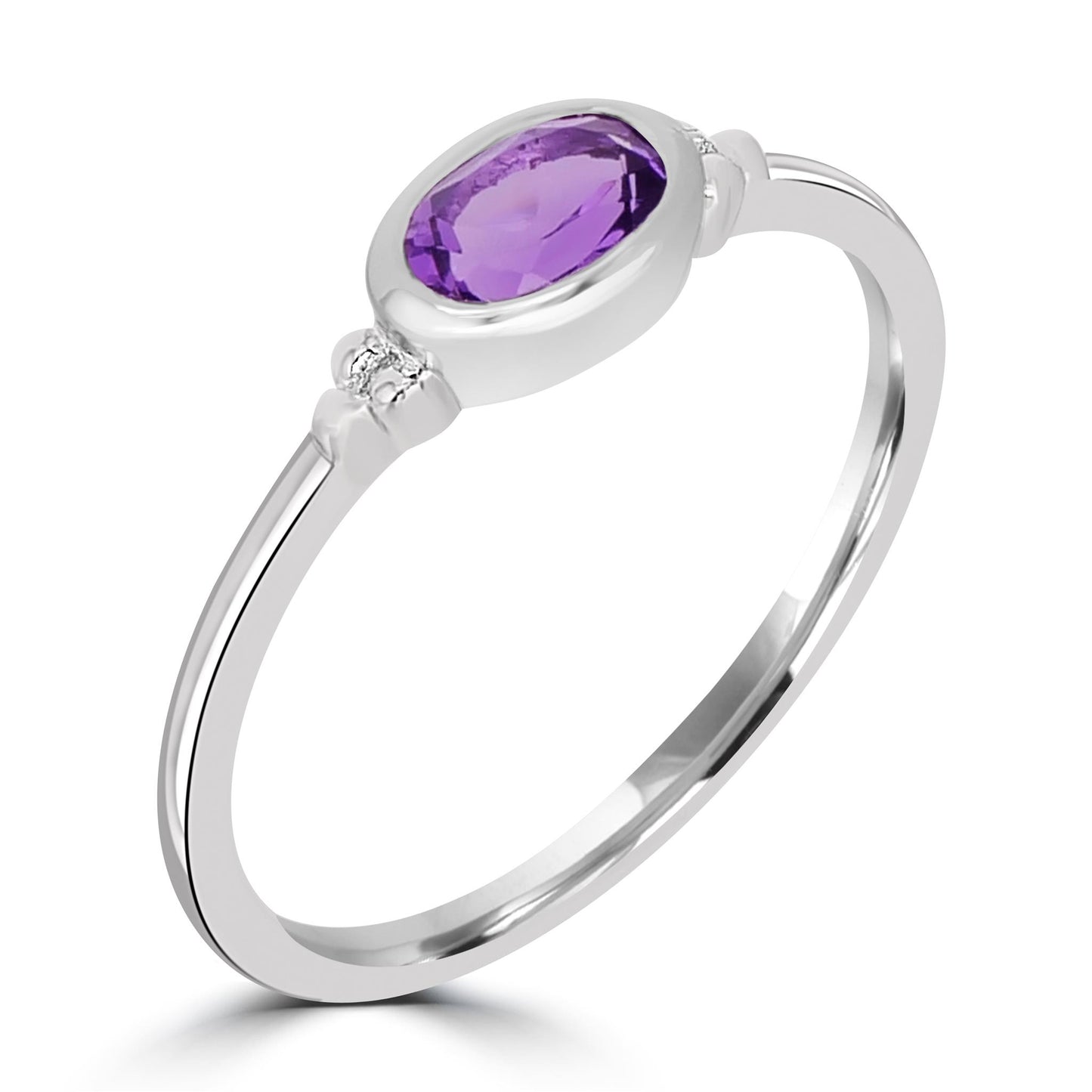 East-West Sterling Silver Amethyst Gemstone Stackable Solitaire Bezel Ring, Sizes 6 to 8