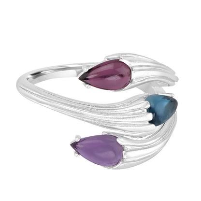 Sterling Silver London Blue Topaz, Rhodolite and Amethyst 3-Stone Bypass Ring, Sizes 5 to 9