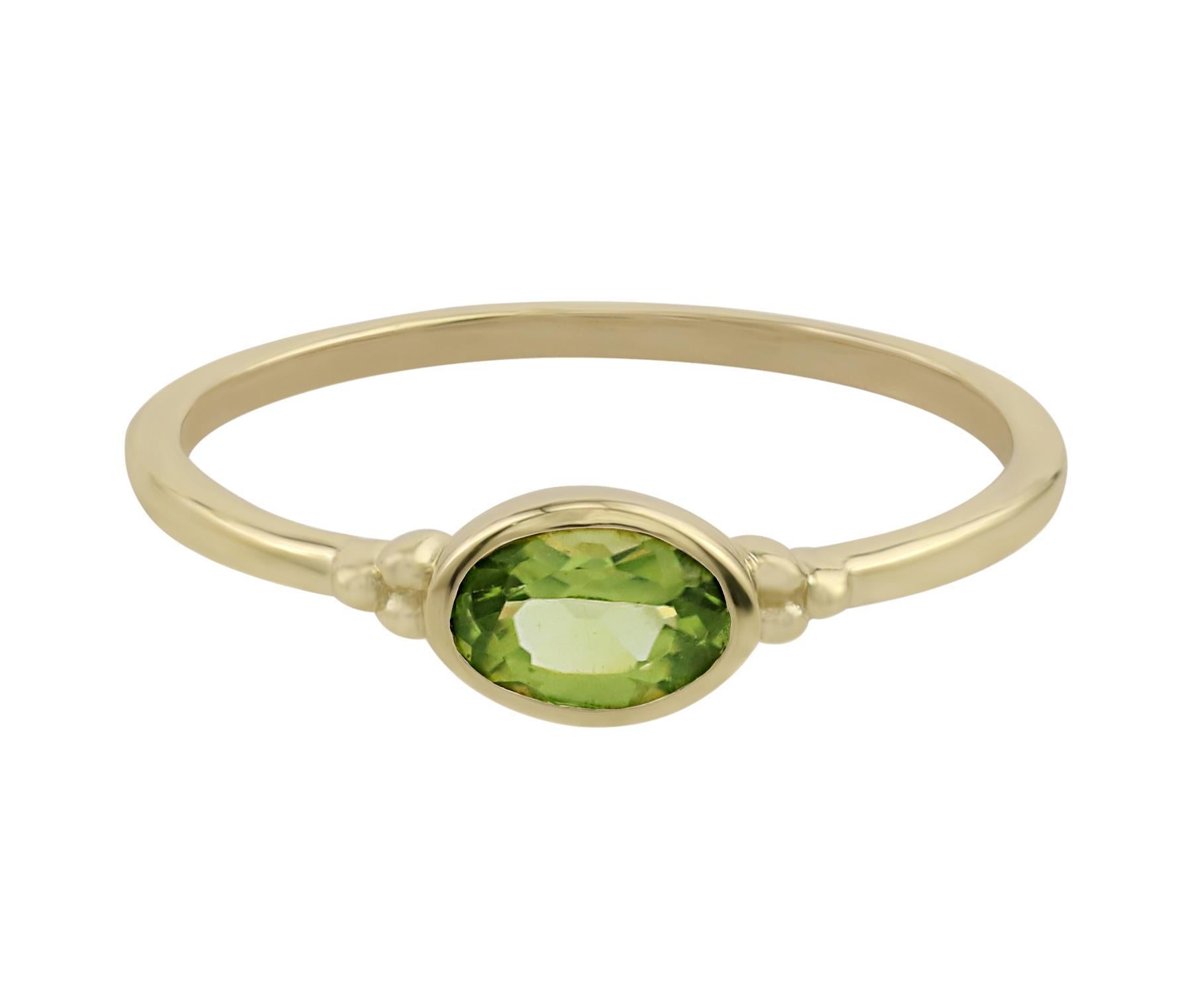 East-West 14k Gold over Sterling Silver Peridot Gemstone Stackable Solitaire Bezel Ring