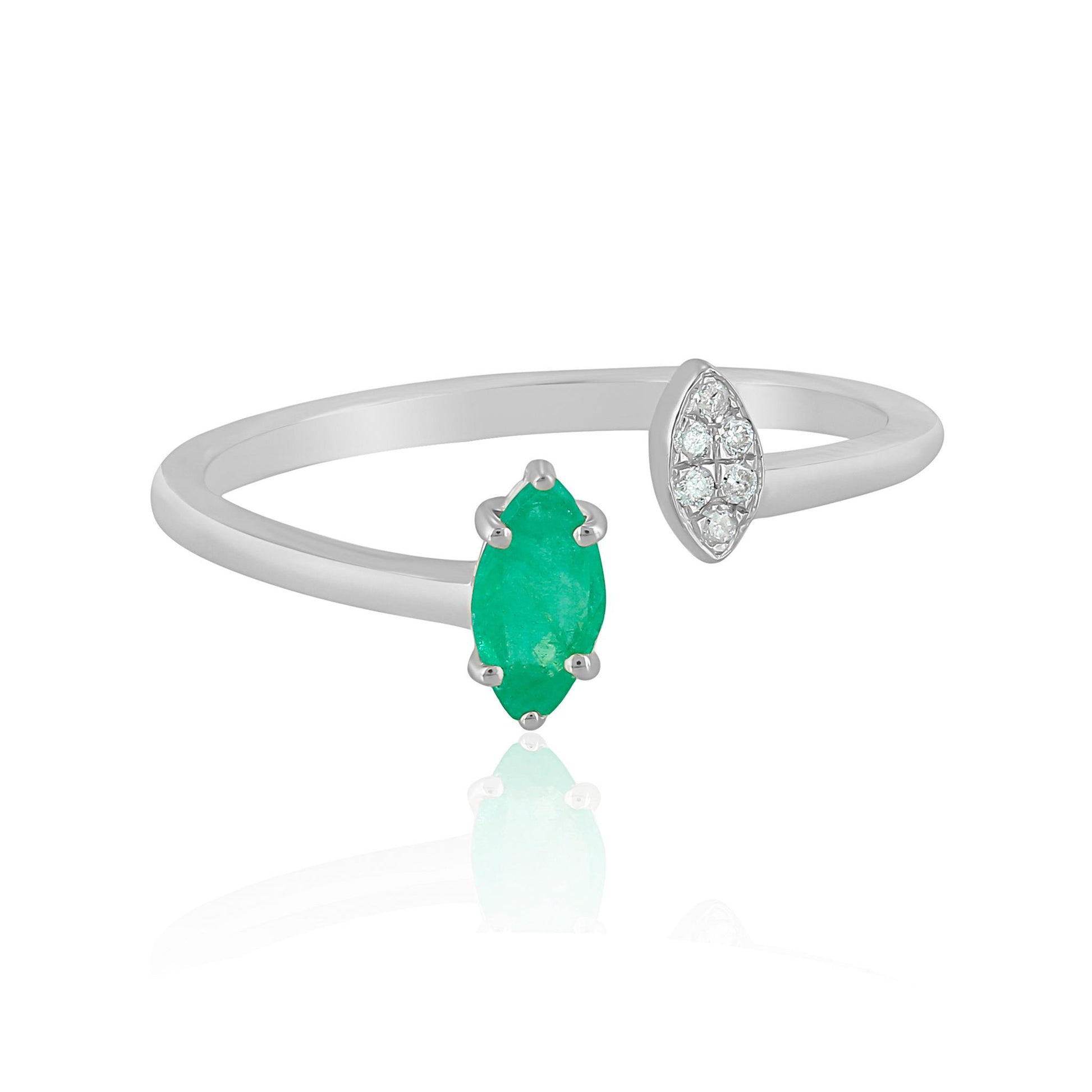 14K White Gold Marquise Emerald and White Topaz Cuff Ring