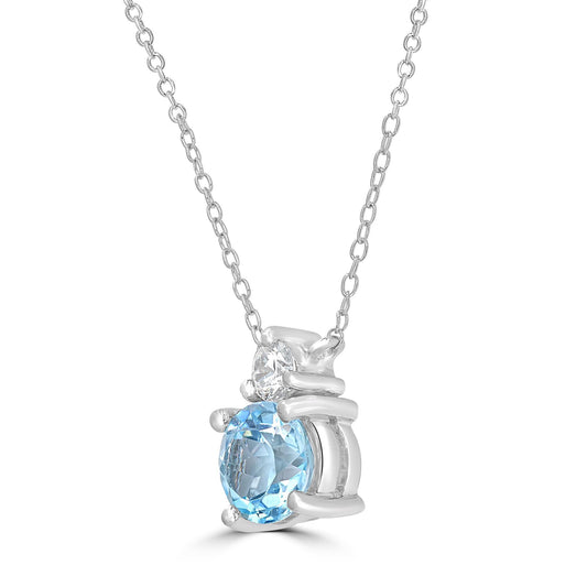 Sterling Silver Aquamarine and Cubic Zirconia Round Cut Pendant Necklace, 18 Inches