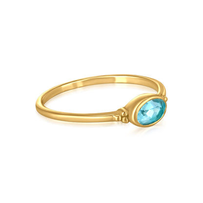 East-West 14k Gold over Sterling Silver Swiss Blue Topaz Gemstone Stackable Solitaire Bezel Ring