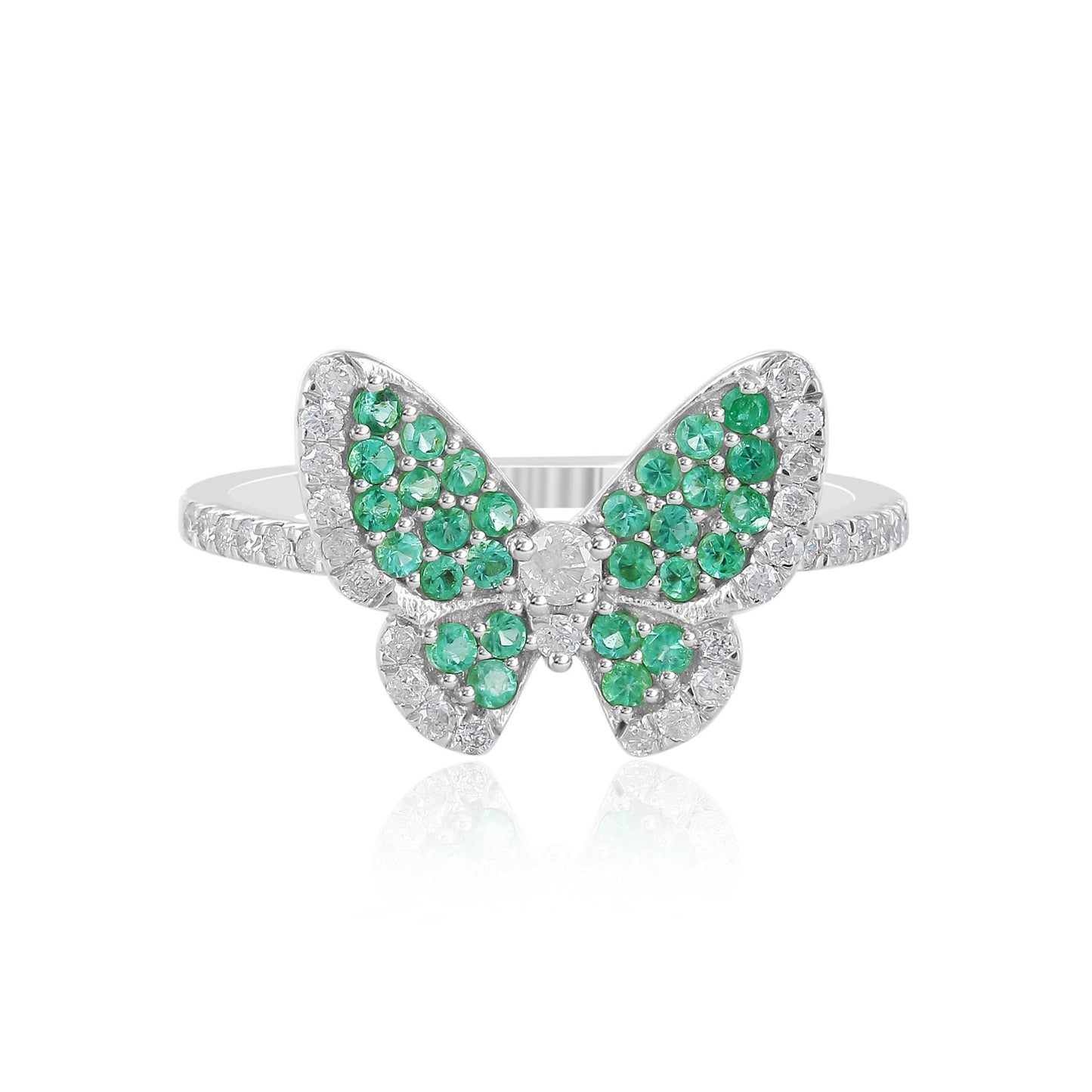 14K White Gold Emerald and White Topaz Butterfly Ring