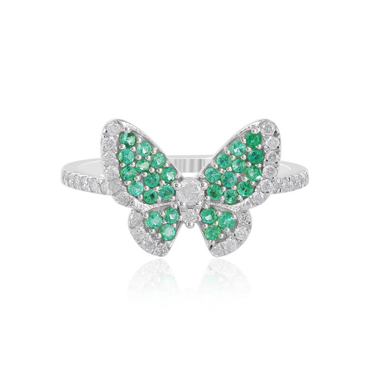 14K White Gold Emerald and White Topaz Butterfly Ring