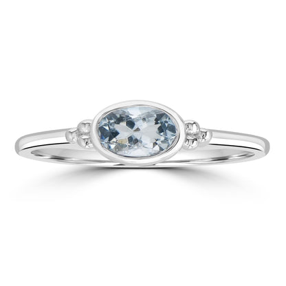 East-West Sterling Silver Aquamarine Gemstone Stackable Solitaire Bezel Ring, Sizes 6 to 8