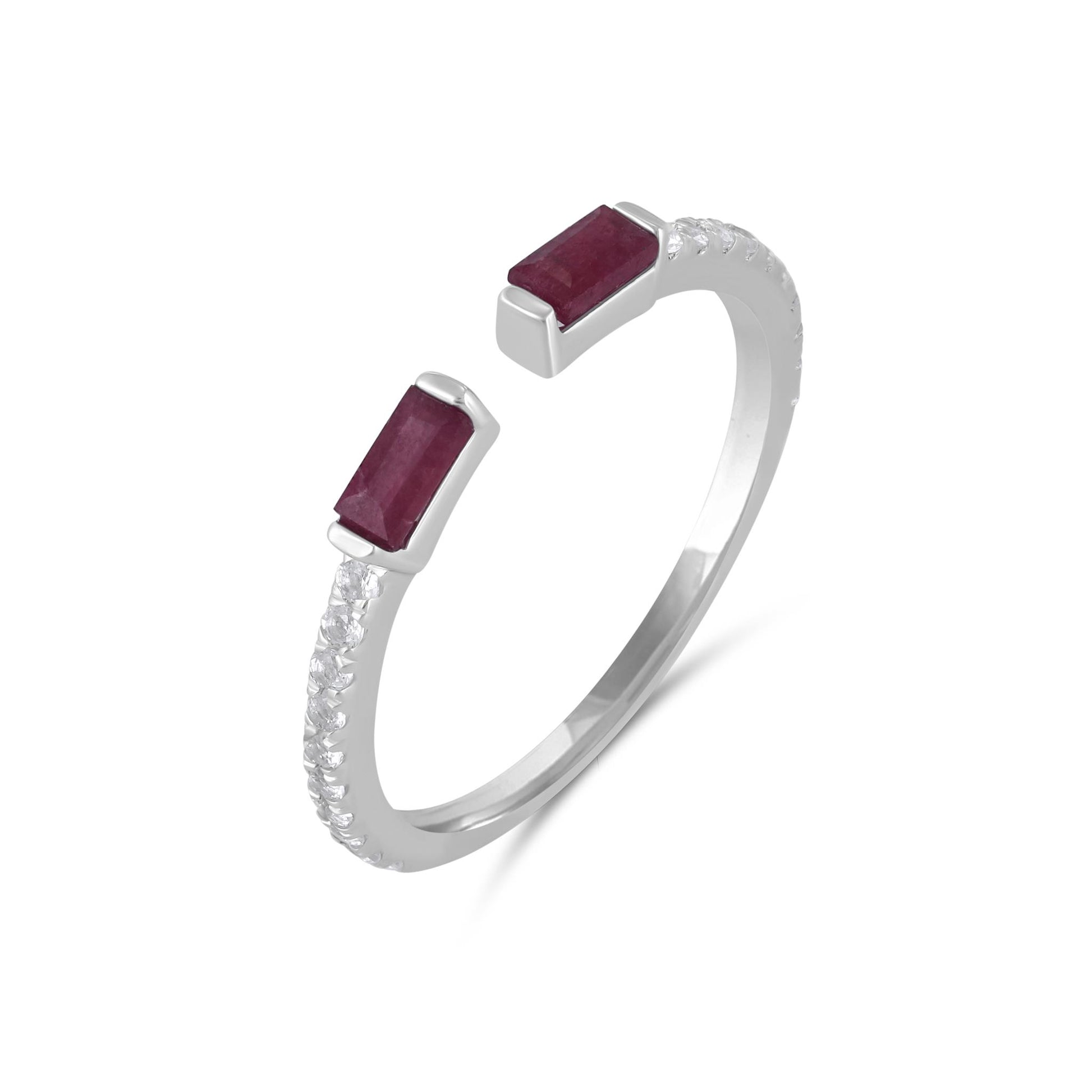 14K White Gold Ruby and White Topaz Cuff Ring