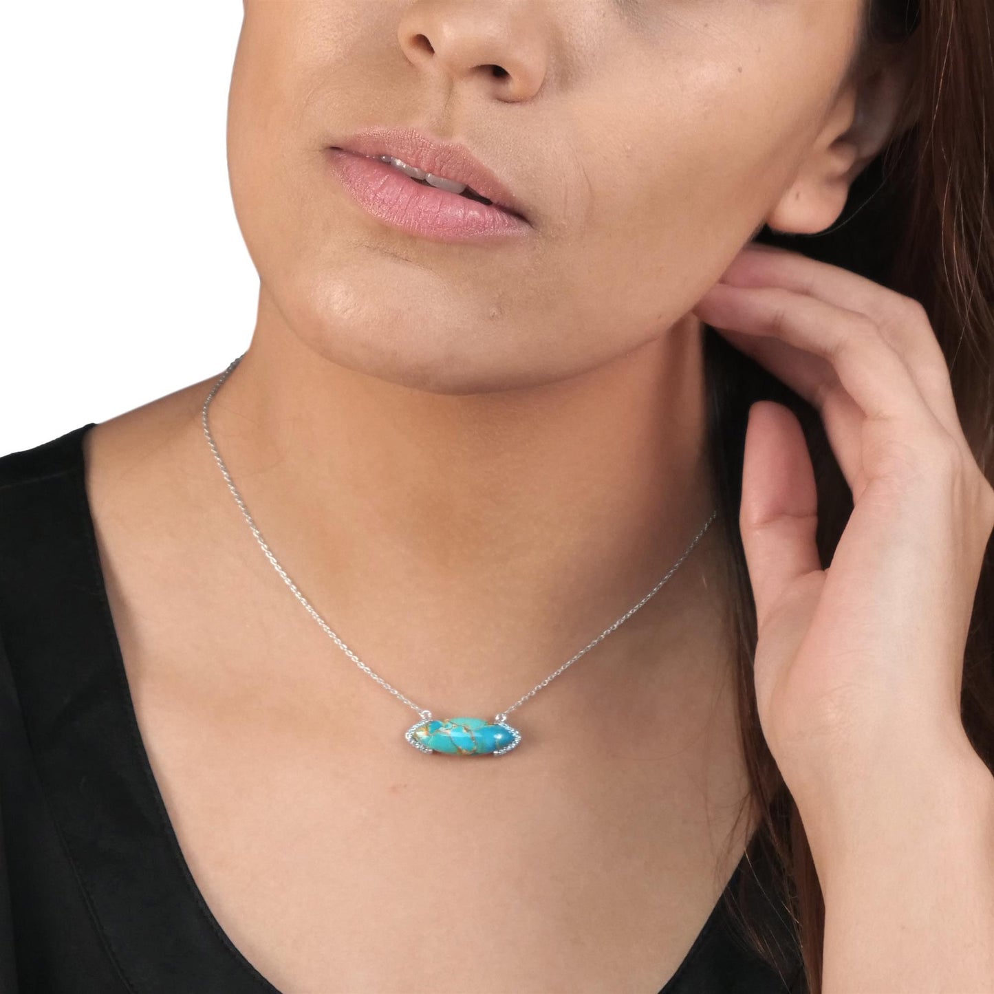 GEMISTRY Women & Girls Sterling Silvr Bold Marquise Sonoran Turquoise Bar Pendant Necklace | Birthstone Jewelry Gift for Her Birthday | Wedding | Anniversary