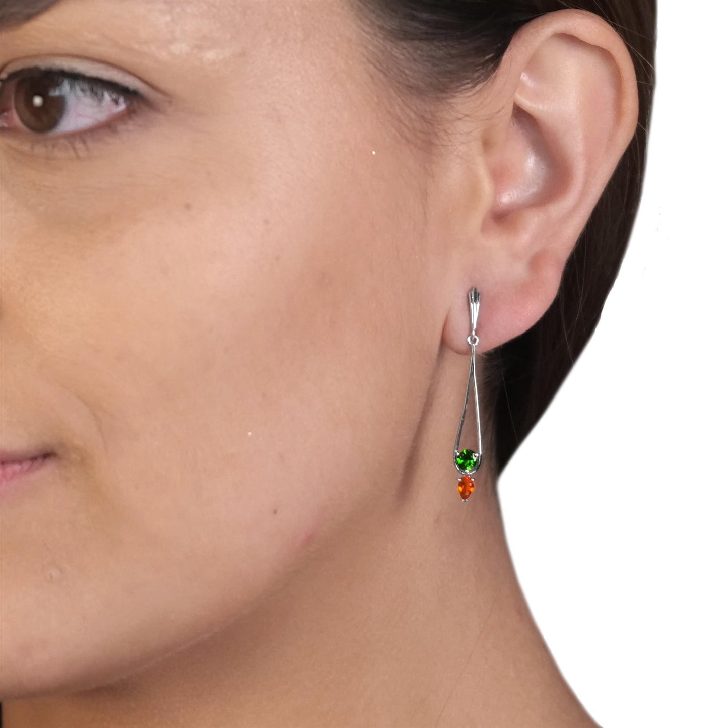 Gemistry "GG Collection" Chrome Diopside and Fire Opal Linear Drop Earrings in 925 Sterling Silver