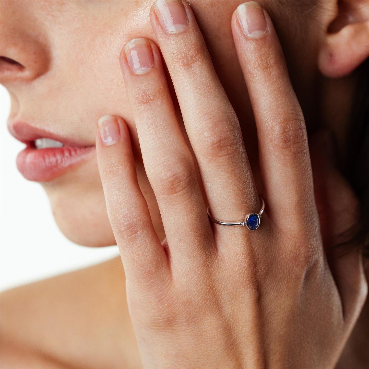 14K White Gold Oval Sapphire and White Topaz Accent Midi Ring