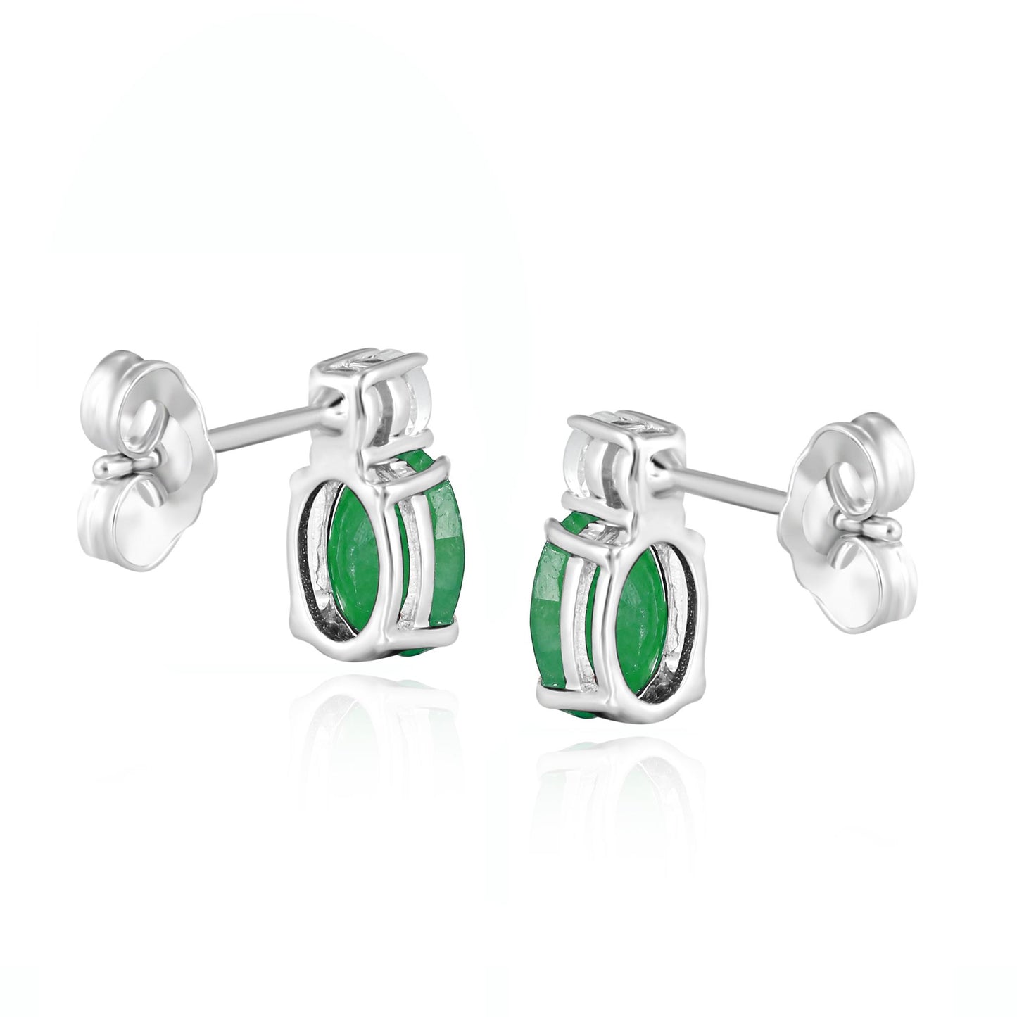 14K White Gold Oval Emerald and White Topaz Stud Earrings