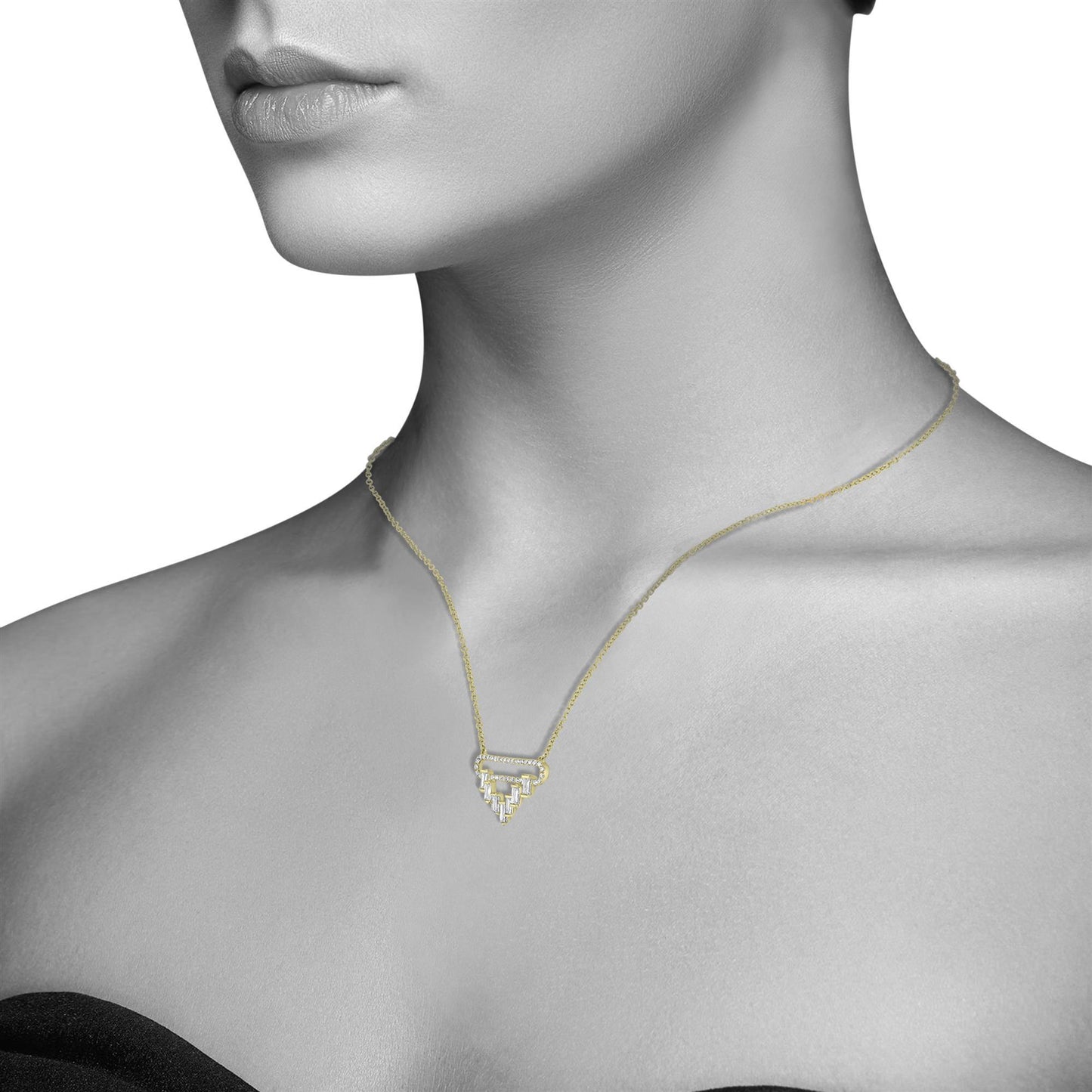 GEMISTRY Triangle Pendant Necklace with 0.41Ct Round and Baguette Diamond in 14K Yellow Gold, 15 Inch