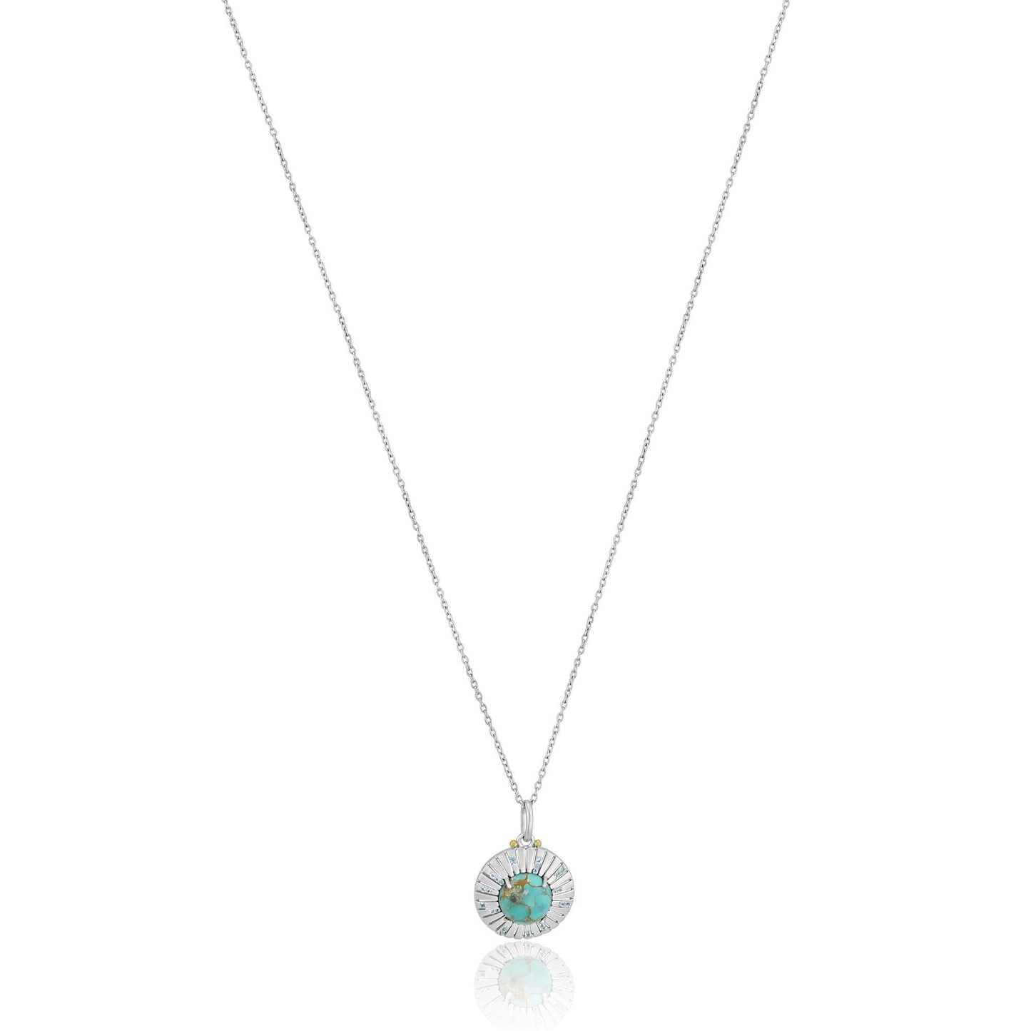 Gemistry Women & Girls Sterling Silver Sonoran Turquoise Cabochon and Swiss Blue Topaz Sunray Pendant Necklace | Birthstone Jewelry Gift for Her Birthday | Wedding | Anniversary