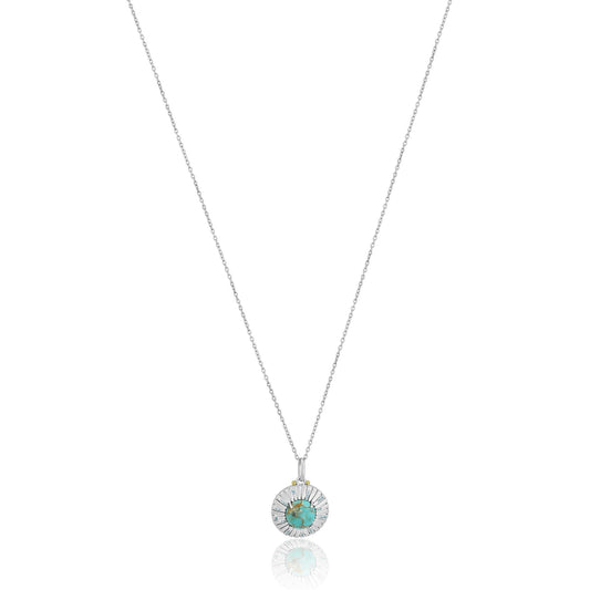 Gemistry Women & Girls Sterling Silver Sonoran Turquoise Cabochon and Swiss Blue Topaz Sunray Pendant Necklace | Birthstone Jewelry Gift for Her Birthday | Wedding | Anniversary