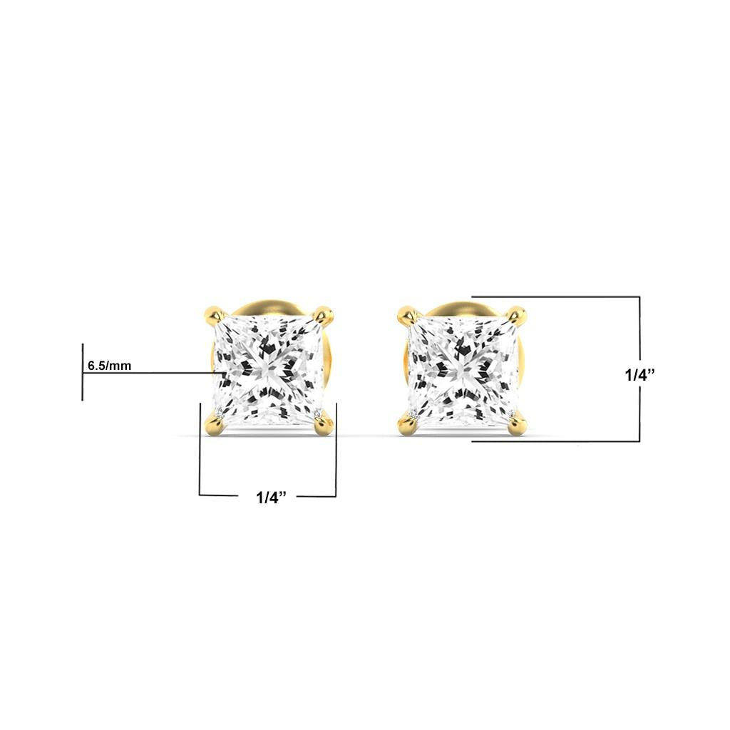 14K Gold 3.0 CTTW Lab Grown Diamond Princess Cut Stud Earrings