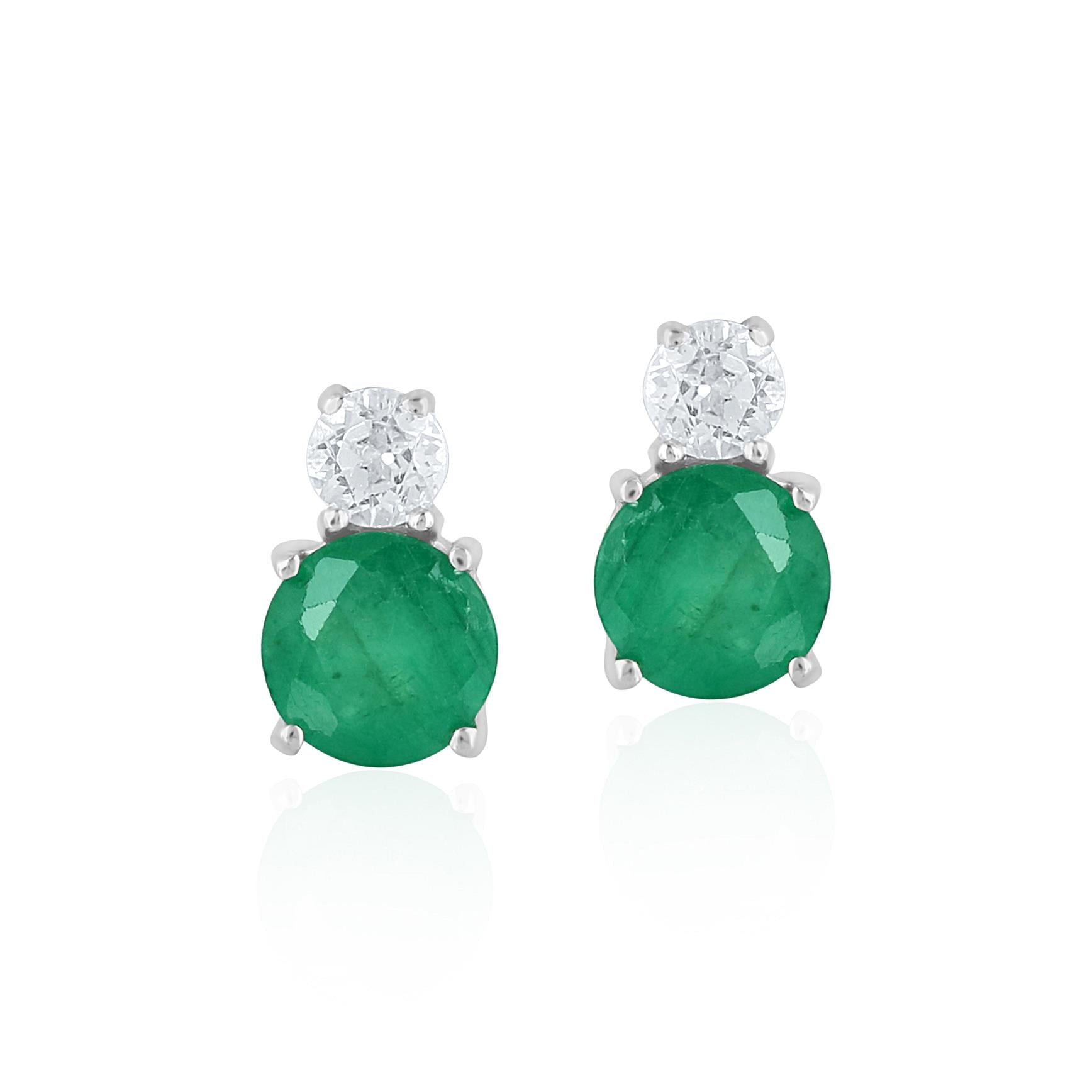 14K White Gold Round Emerald and White Topaz Stud Earrings