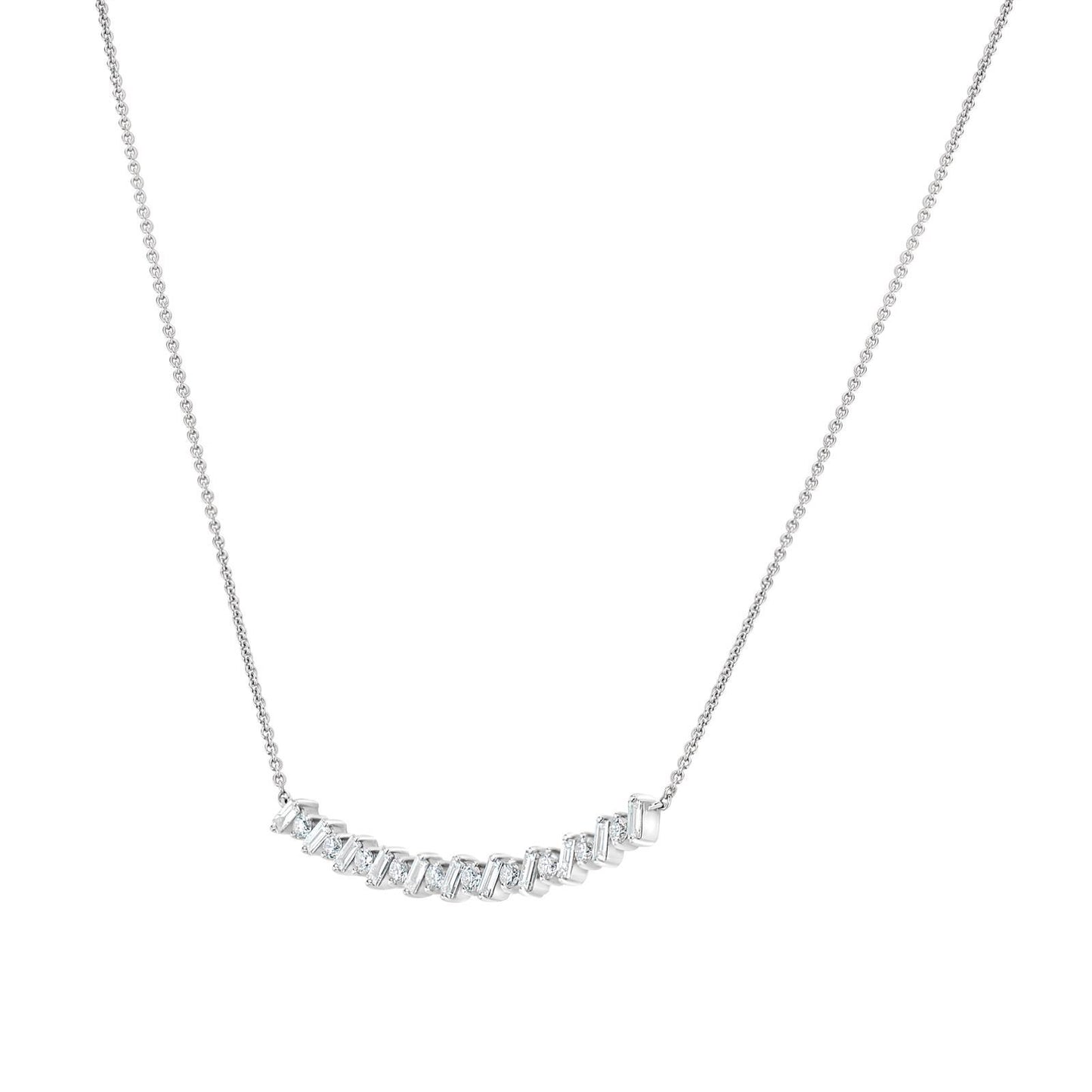 GEMISTRY Women 14K White Gold 0.47Ct Round and Baguette Diamond Curve Bar Necklace (GH Color, SI1 Clarity), 18 inch