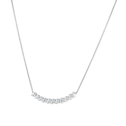 GEMISTRY Women 14K White Gold 0.47Ct Round and Baguette Diamond Curve Bar Necklace (GH Color, SI1 Clarity), 18 inch